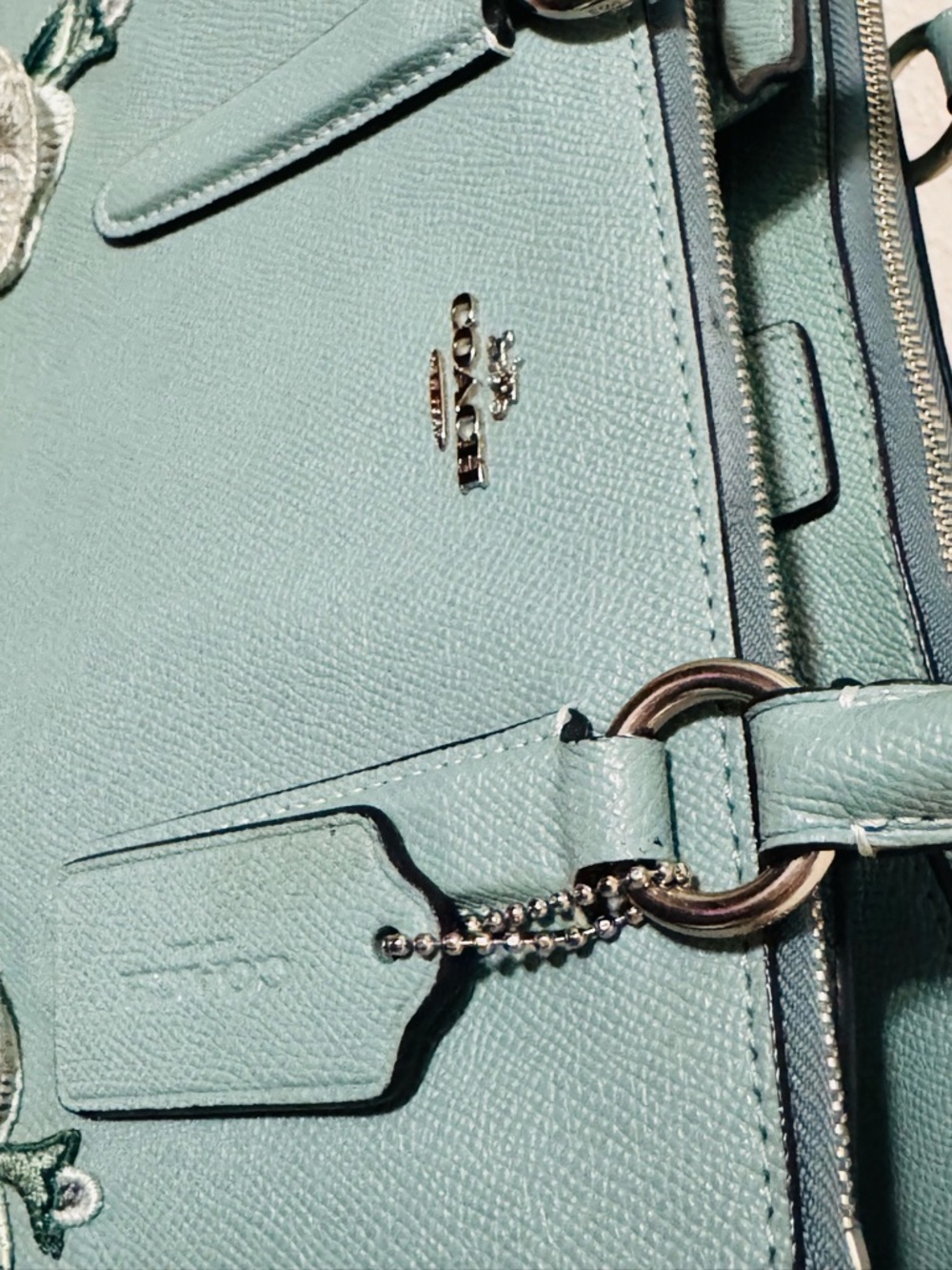 COACH Light Blue  Floral Applique Leather Satchel with Top Handles - Picture 6 of 16